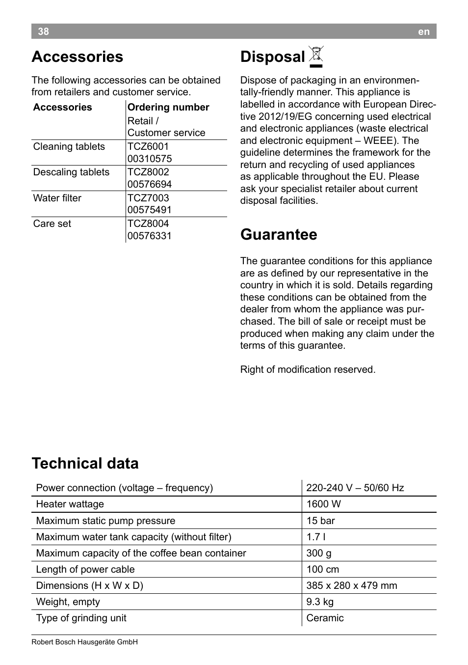 Technical data, Accessories, Disposal | Guarantee | Bosch TES50251DE VeroCafe Kaffeevollautomat silber User Manual | Page 42 / 90