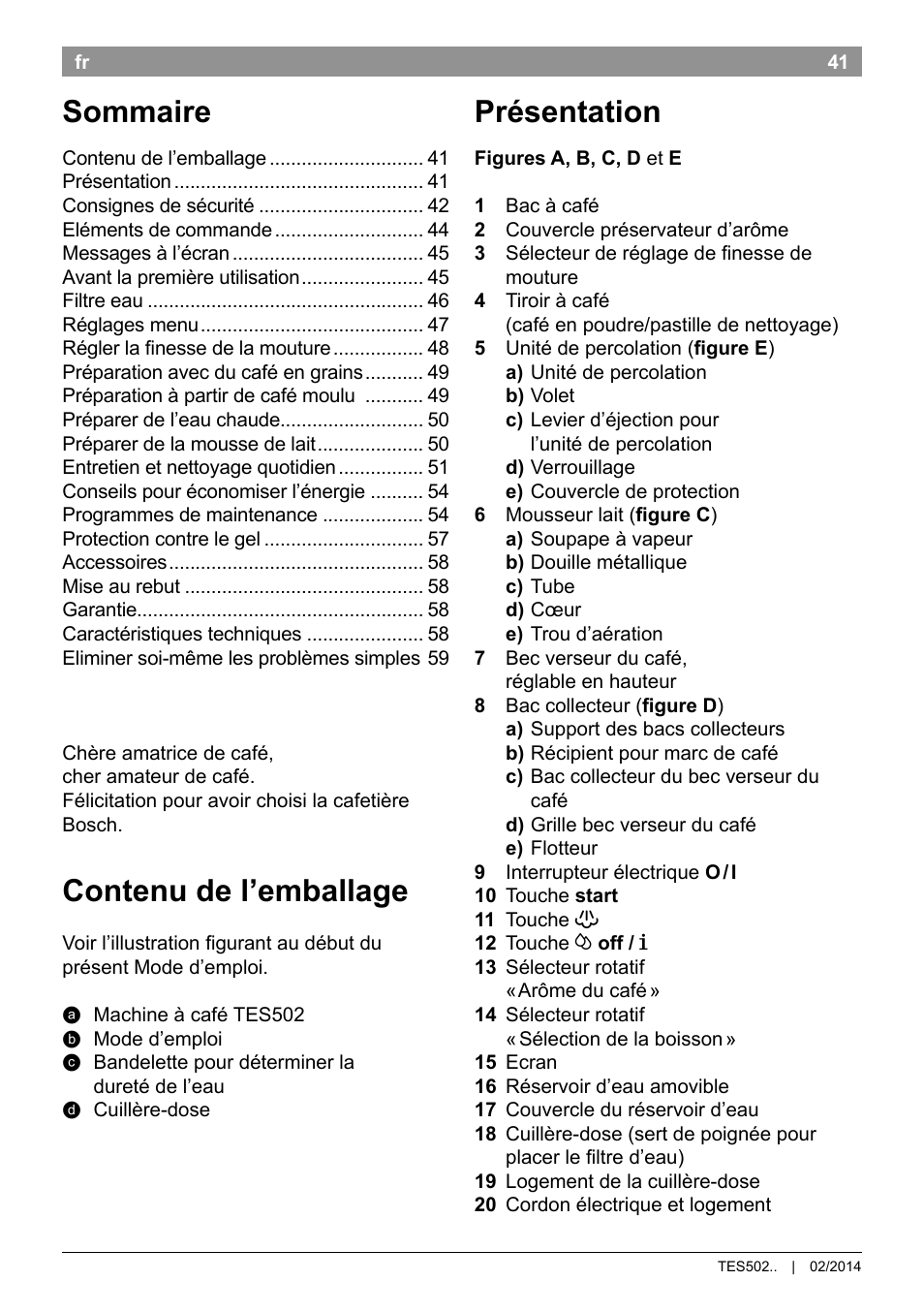 Contenu de l’emballage, Sommaire, Présentation | Bosch TES50251DE VeroCafe Kaffeevollautomat silber User Manual | Page 45 / 90