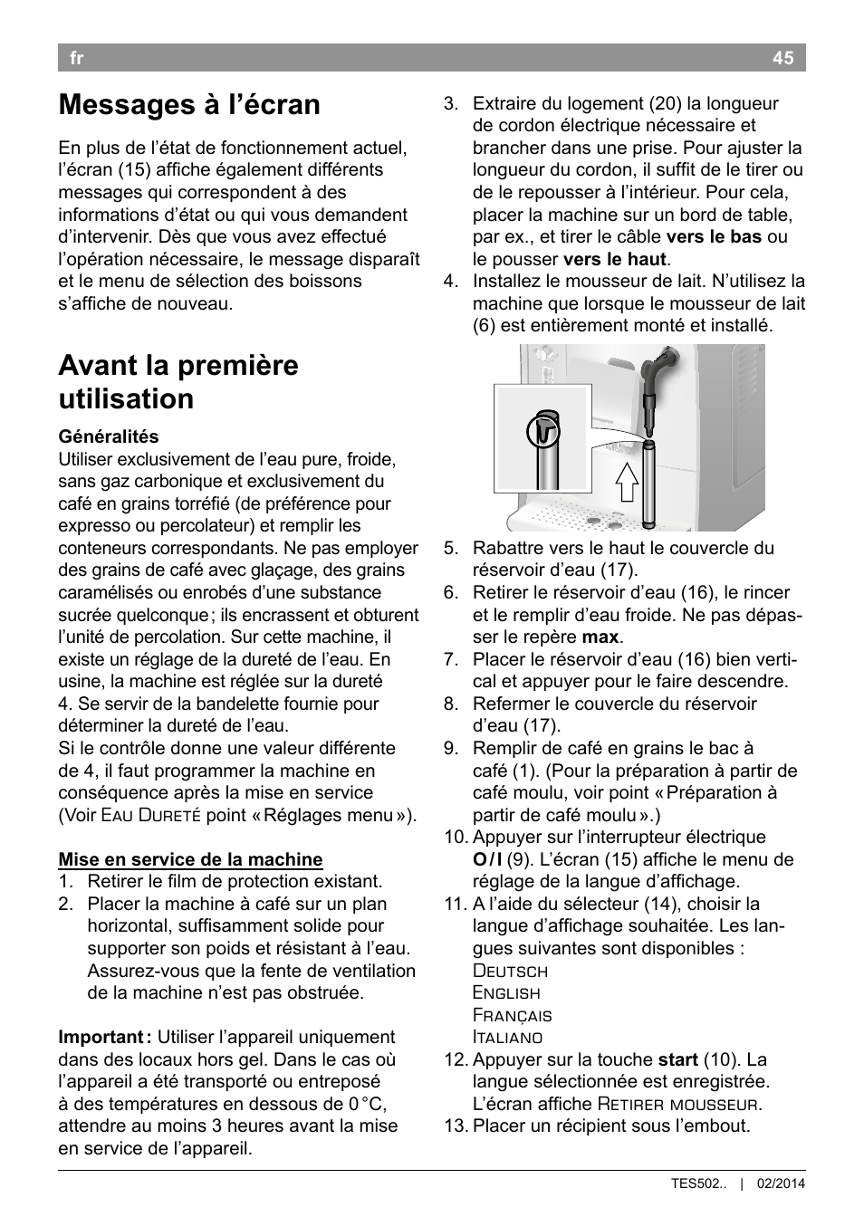 Messages à l’écran, Avant la première utilisation | Bosch TES50251DE VeroCafe Kaffeevollautomat silber User Manual | Page 49 / 90