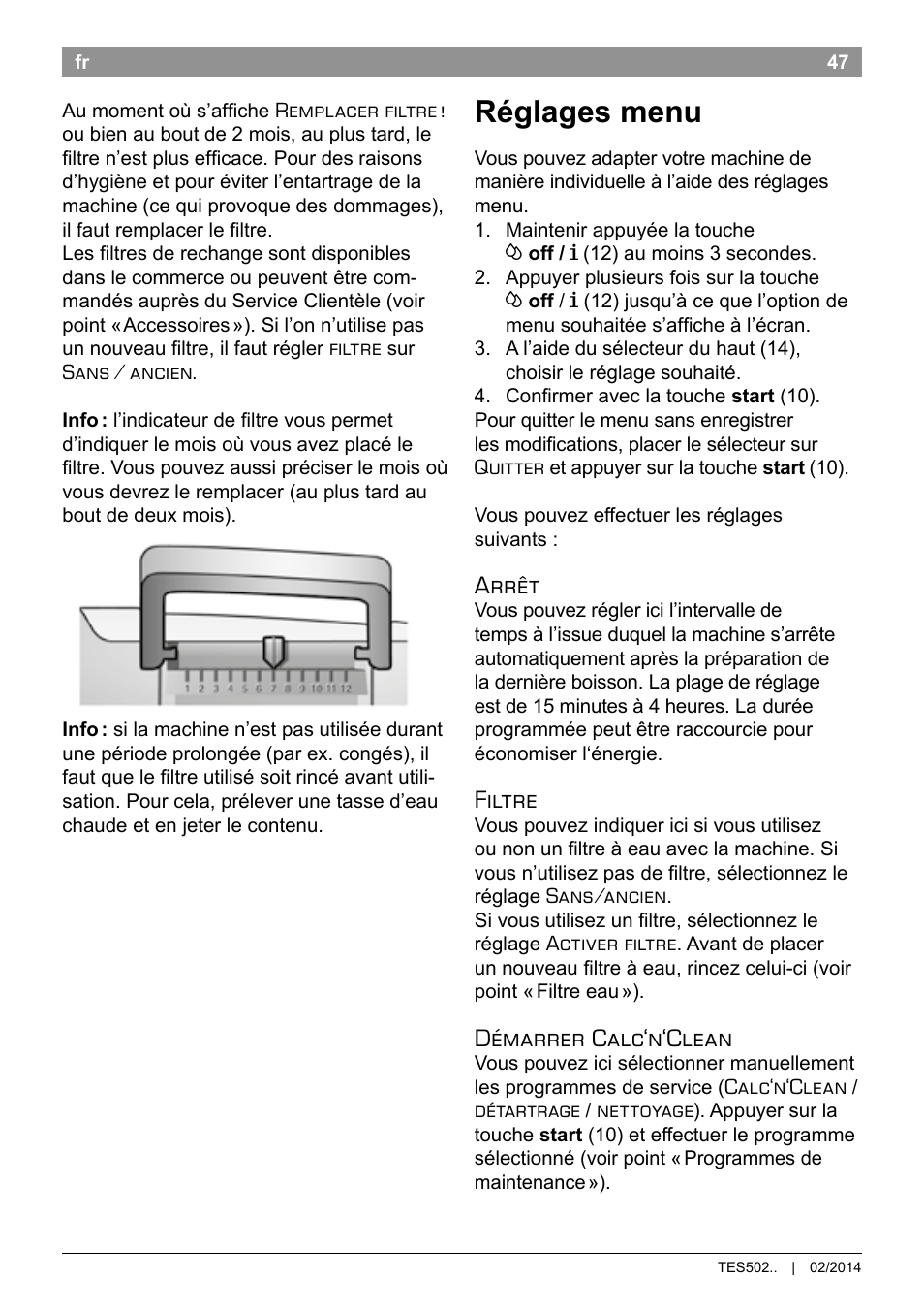 Réglages menu, Arrêt, Filtre | Démarrer calc‘n‘clean | Bosch TES50251DE VeroCafe Kaffeevollautomat silber User Manual | Page 51 / 90