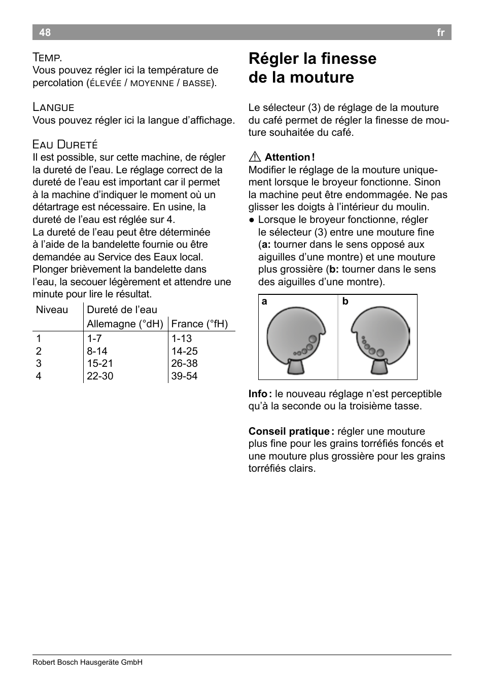 Régler la finesse de la mouture, Temp, Langue | Eau dureté | Bosch TES50251DE VeroCafe Kaffeevollautomat silber User Manual | Page 52 / 90