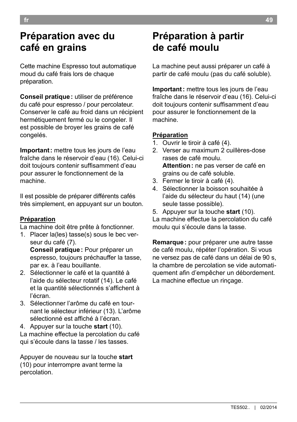 Préparation avec du café en grains, Préparation à partir de café moulu | Bosch TES50251DE VeroCafe Kaffeevollautomat silber User Manual | Page 53 / 90