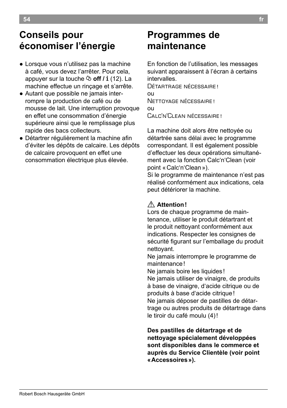 Conseils pour économiser l’énergie, Programmes de maintenance | Bosch TES50251DE VeroCafe Kaffeevollautomat silber User Manual | Page 58 / 90