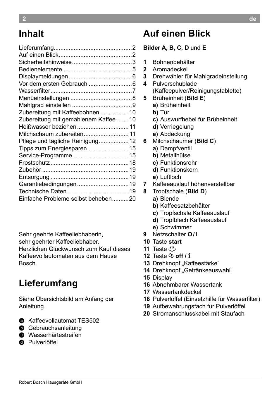 Lieferumfang, Inhalt, Auf einen blick | Bosch TES50251DE VeroCafe Kaffeevollautomat silber User Manual | Page 6 / 90