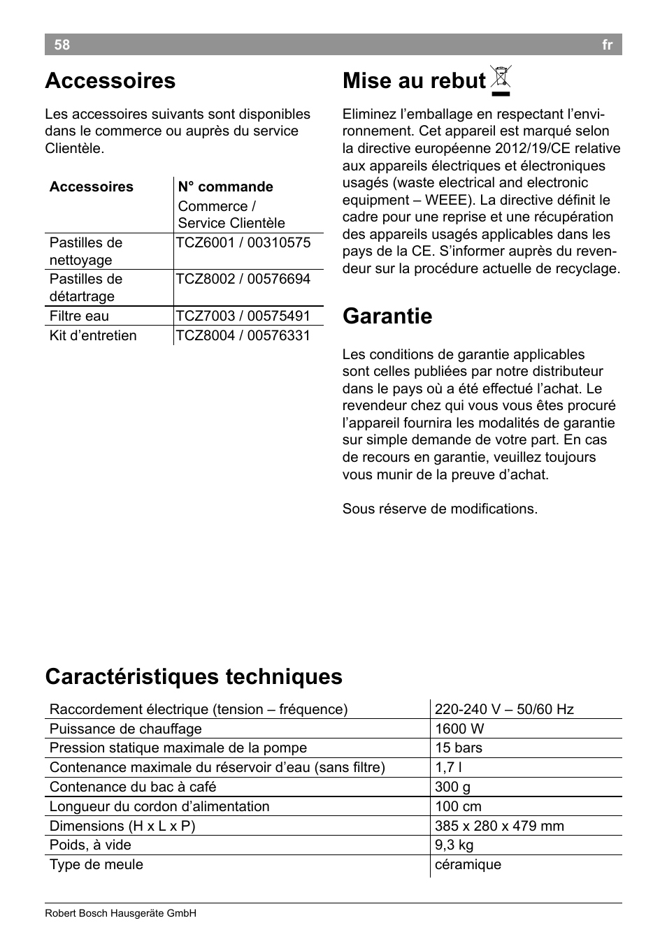 Accessoires, Mise au rebut, Garantie | Caractéristiques techniques | Bosch TES50251DE VeroCafe Kaffeevollautomat silber User Manual | Page 62 / 90