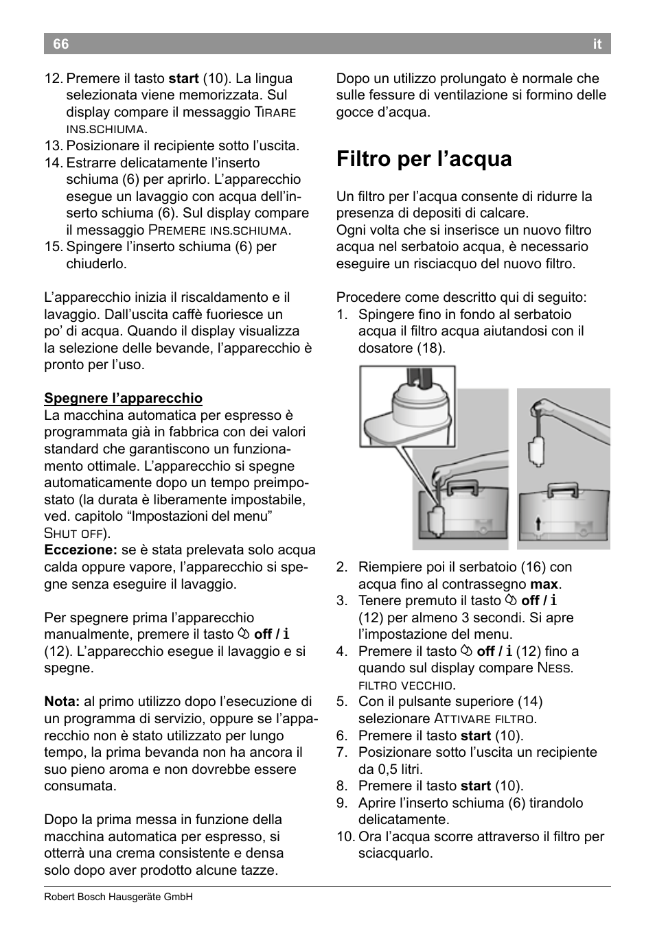 Filtro per l’acqua | Bosch TES50251DE VeroCafe Kaffeevollautomat silber User Manual | Page 70 / 90