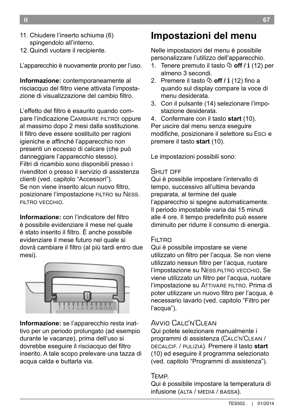 Impostazioni del menu, Shut off, Filtro | Avvio calc‘n‘clean, Temp | Bosch TES50251DE VeroCafe Kaffeevollautomat silber User Manual | Page 71 / 90