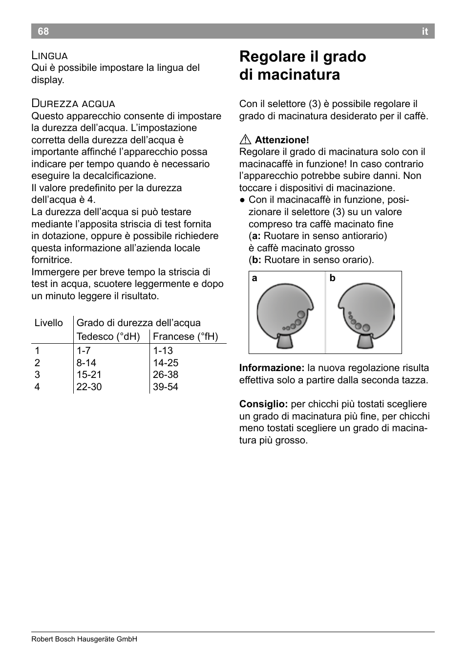 Regolare il grado di macinatura, Lingua, Durezza acqua | Bosch TES50251DE VeroCafe Kaffeevollautomat silber User Manual | Page 72 / 90