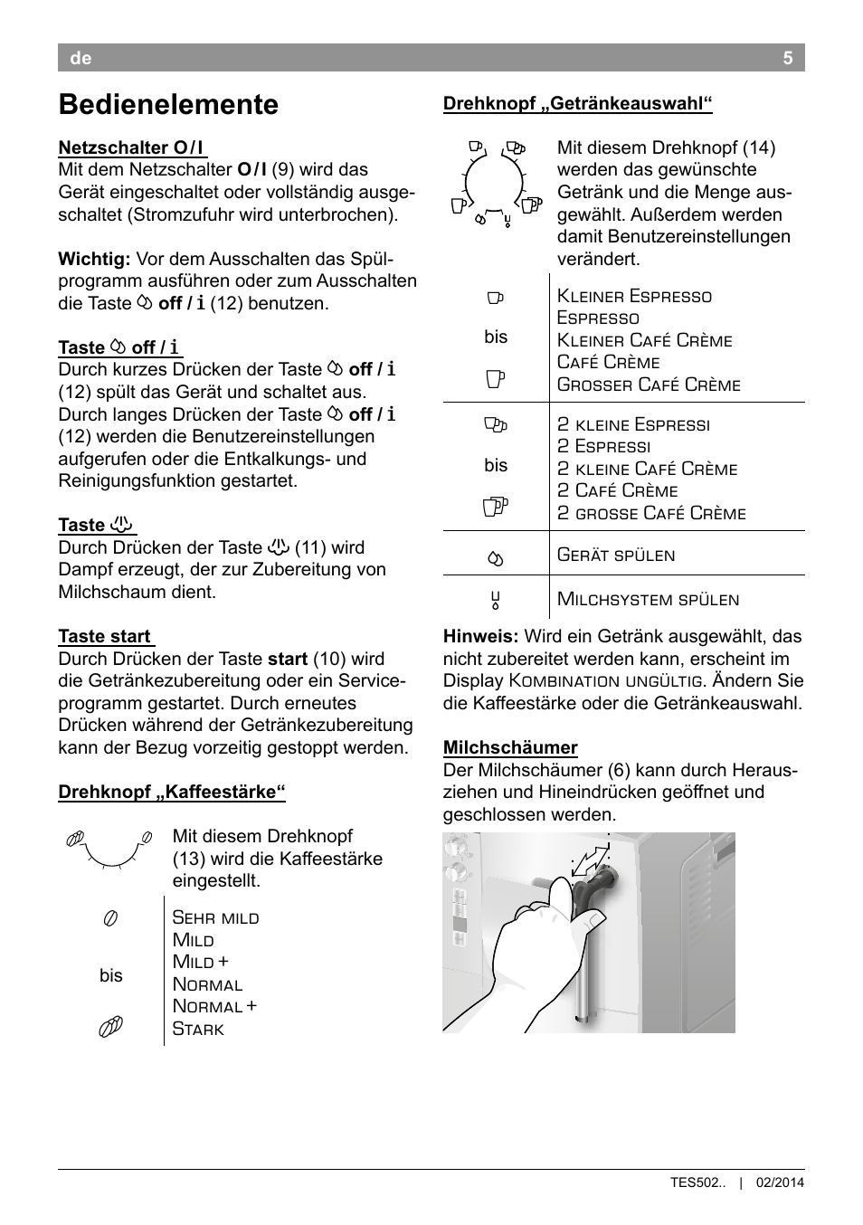 Bedienelemente | Bosch TES50251DE VeroCafe Kaffeevollautomat silber User Manual | Page 9 / 90