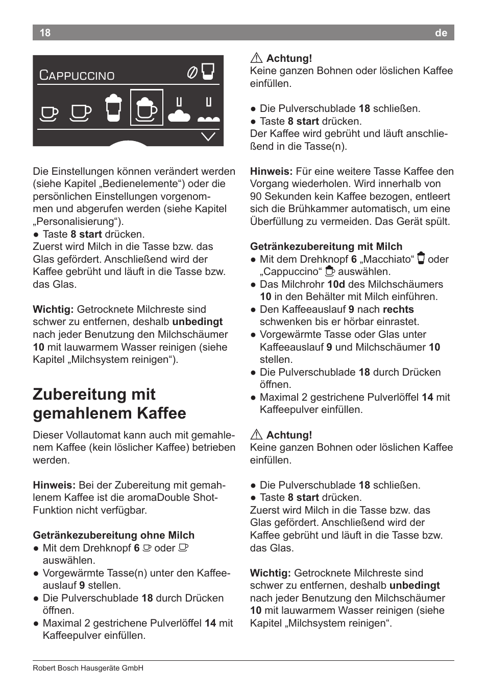 Zubereitung mit gemahlenem kaffee, Cappuccino | Bosch TES71151DE VeroBar AromaPro 100 Espresso-Kaffeevollautomat silber User Manual | Page 18 / 104