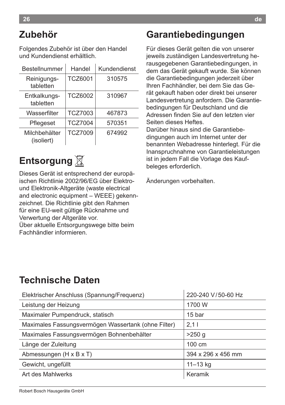 Zubehör, Entsorgung, Garantiebedingungen | Technische daten | Bosch TES71151DE VeroBar AromaPro 100 Espresso-Kaffeevollautomat silber User Manual | Page 26 / 104