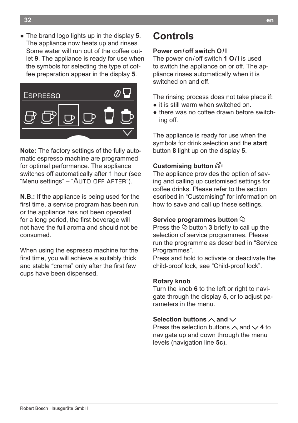 Controls, Espresso, Auto off after | Bosch TES71151DE VeroBar AromaPro 100 Espresso-Kaffeevollautomat silber User Manual | Page 32 / 104