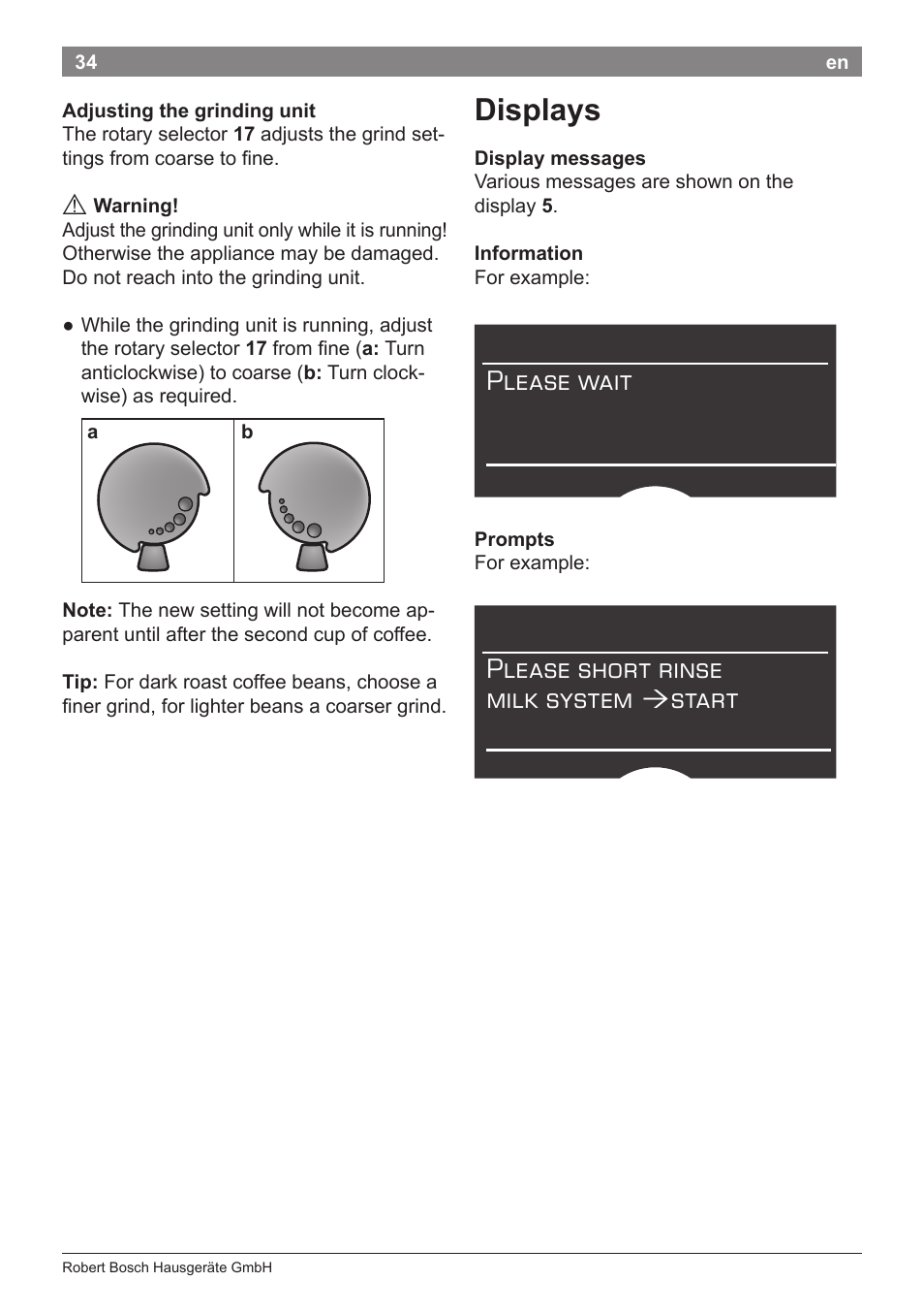 Displays, Please wait, Please short rinse milk system | Start | Bosch TES71151DE VeroBar AromaPro 100 Espresso-Kaffeevollautomat silber User Manual | Page 34 / 104