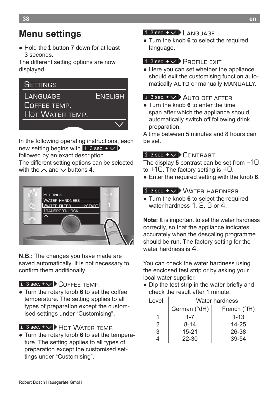 Menu settings, Coffee temp, Hot water temp | Language, Profile exit, Auto, Manually, Auto off after, Contrast, Water hardness | Bosch TES71151DE VeroBar AromaPro 100 Espresso-Kaffeevollautomat silber User Manual | Page 38 / 104