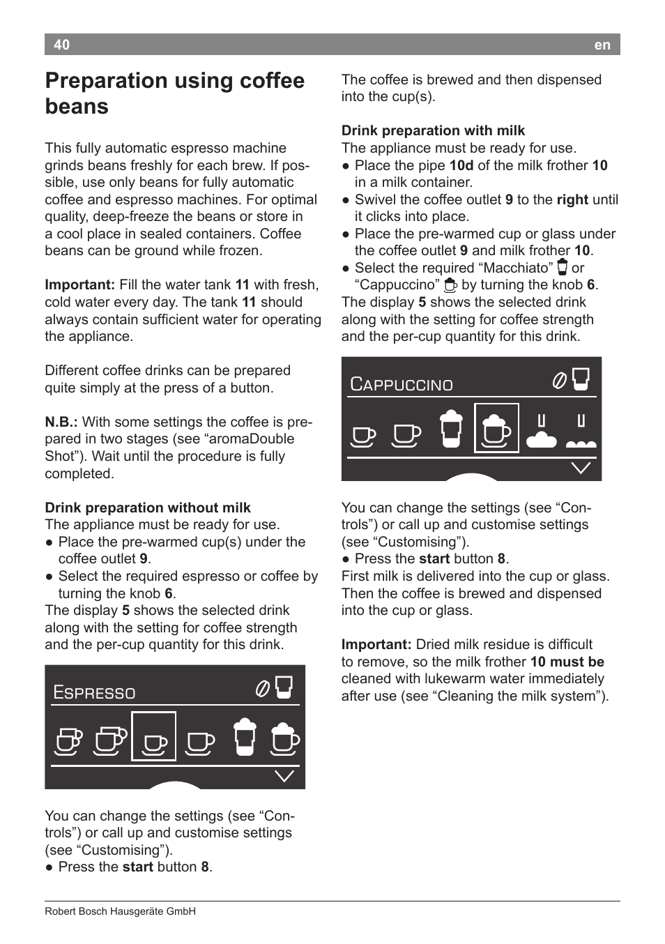 Preparation using coffee beans, Espresso, Cappuccino | Bosch TES71151DE VeroBar AromaPro 100 Espresso-Kaffeevollautomat silber User Manual | Page 40 / 104