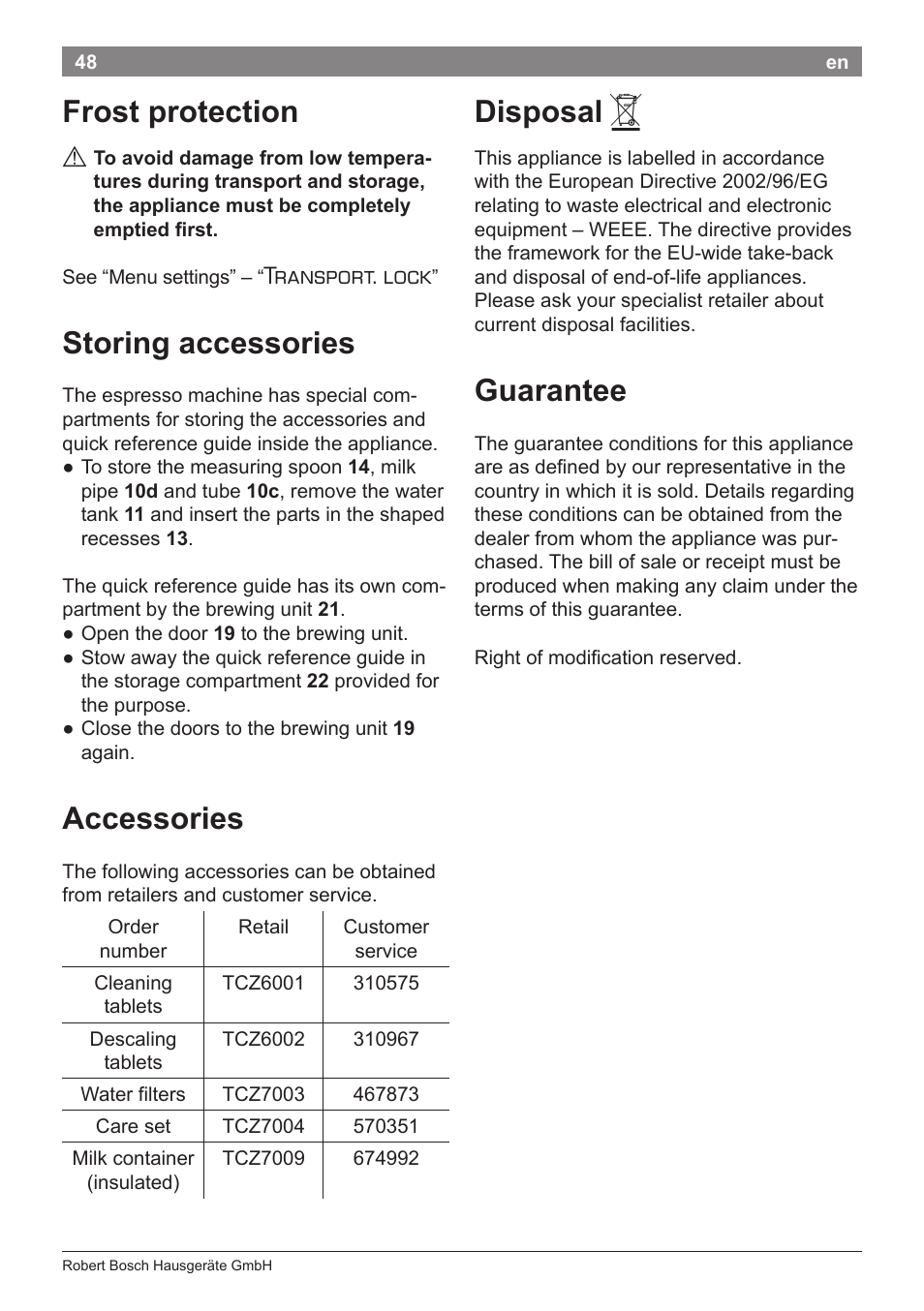 Frost protection, Storing accessories, Accessories | Disposal, Guarantee, Transport. lock | Bosch TES71151DE VeroBar AromaPro 100 Espresso-Kaffeevollautomat silber User Manual | Page 48 / 104