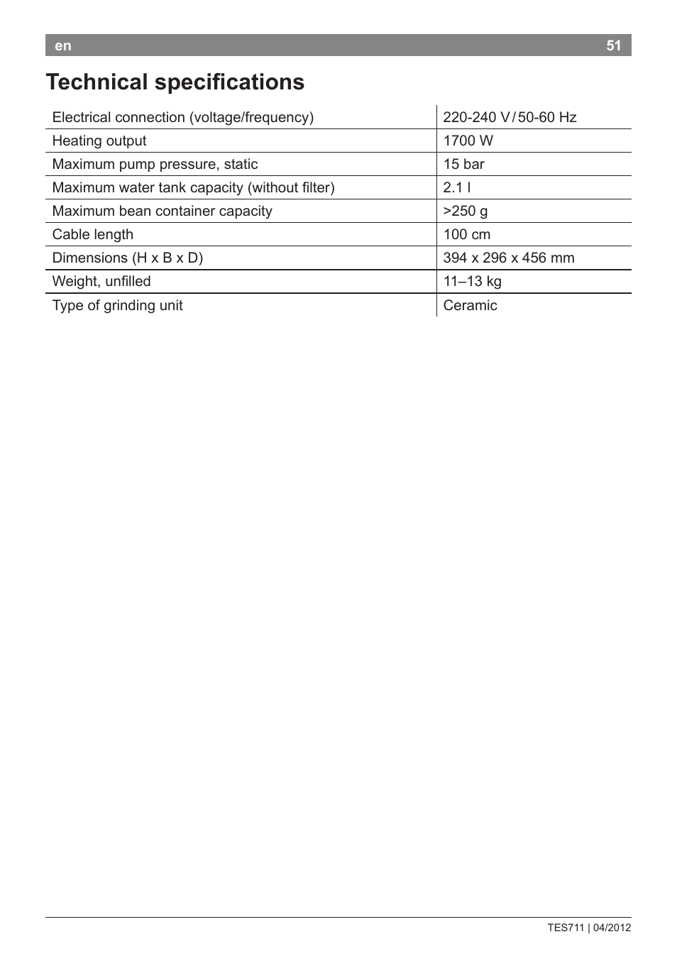 Technical specifications | Bosch TES71151DE VeroBar AromaPro 100 Espresso-Kaffeevollautomat silber User Manual | Page 51 / 104