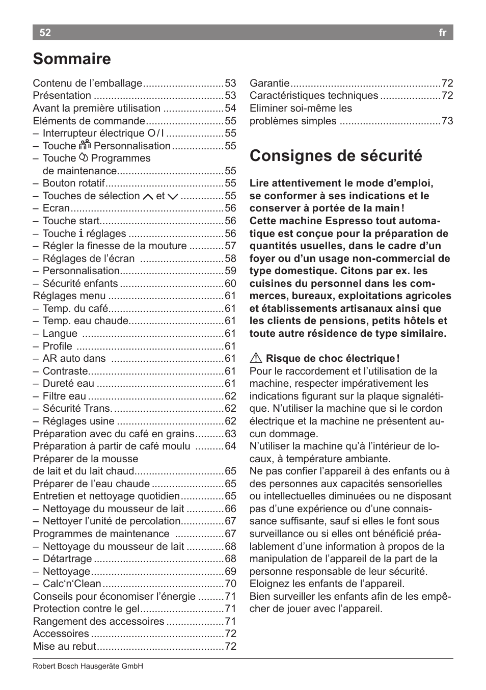 Consignes de sécurité, Sommaire | Bosch TES71151DE VeroBar AromaPro 100 Espresso-Kaffeevollautomat silber User Manual | Page 52 / 104