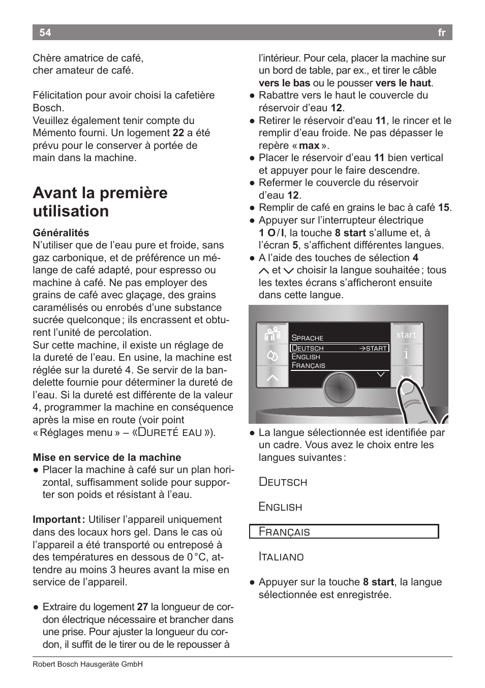 Avant la première utilisation, Dureté eau, Deutsch english français italiano | Bosch TES71151DE VeroBar AromaPro 100 Espresso-Kaffeevollautomat silber User Manual | Page 54 / 104