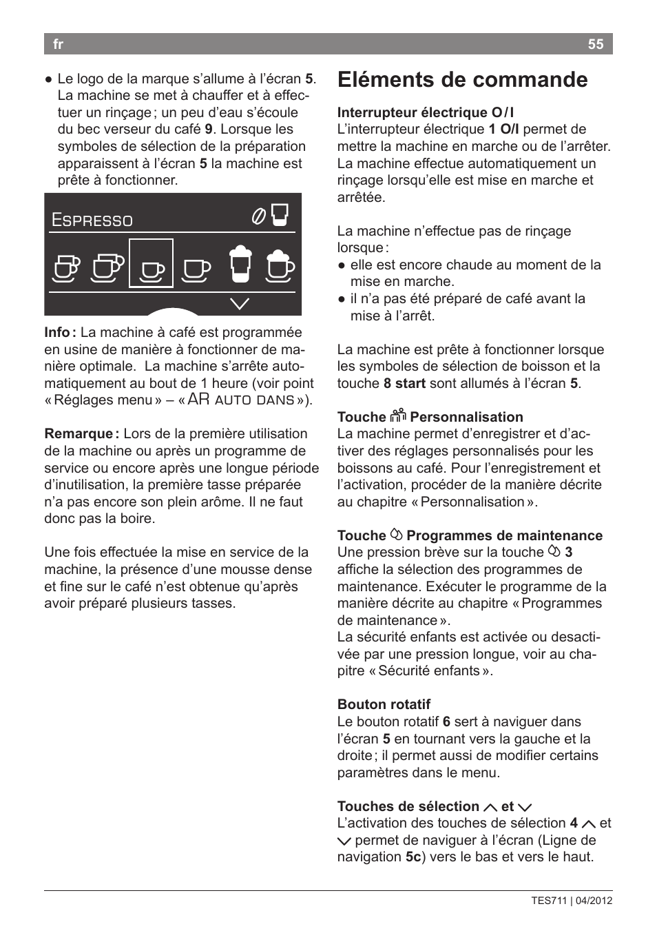 Eléments de commande, Espresso, Ar auto dans | Bosch TES71151DE VeroBar AromaPro 100 Espresso-Kaffeevollautomat silber User Manual | Page 55 / 104