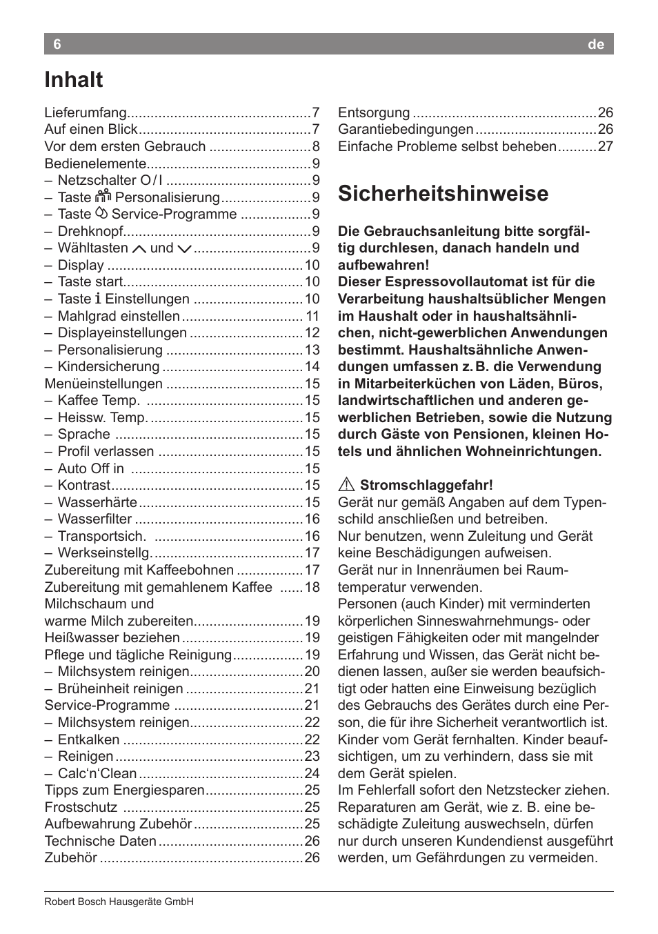 Sicherheitshinweise, Inhalt | Bosch TES71151DE VeroBar AromaPro 100 Espresso-Kaffeevollautomat silber User Manual | Page 6 / 104