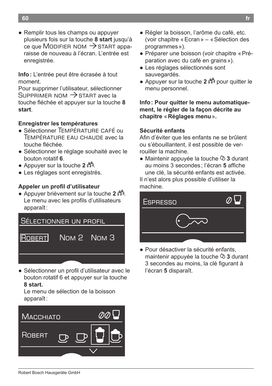 А б е ж, Sélectionner un profil robert nom 2 nom 3, Macchiato | Robert, Espresso | Bosch TES71151DE VeroBar AromaPro 100 Espresso-Kaffeevollautomat silber User Manual | Page 60 / 104
