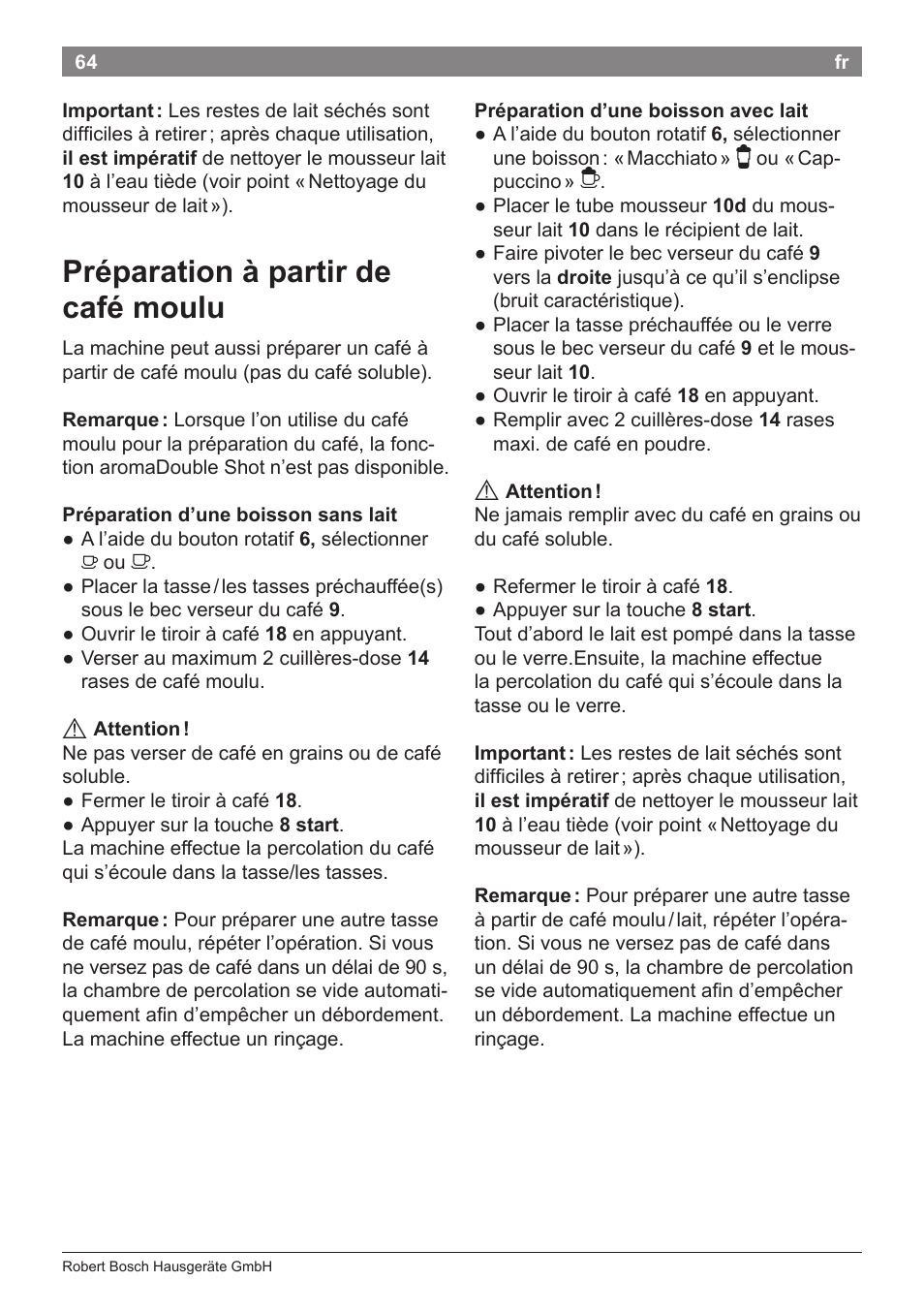 Préparation à partir de café moulu | Bosch TES71151DE VeroBar AromaPro 100 Espresso-Kaffeevollautomat silber User Manual | Page 64 / 104