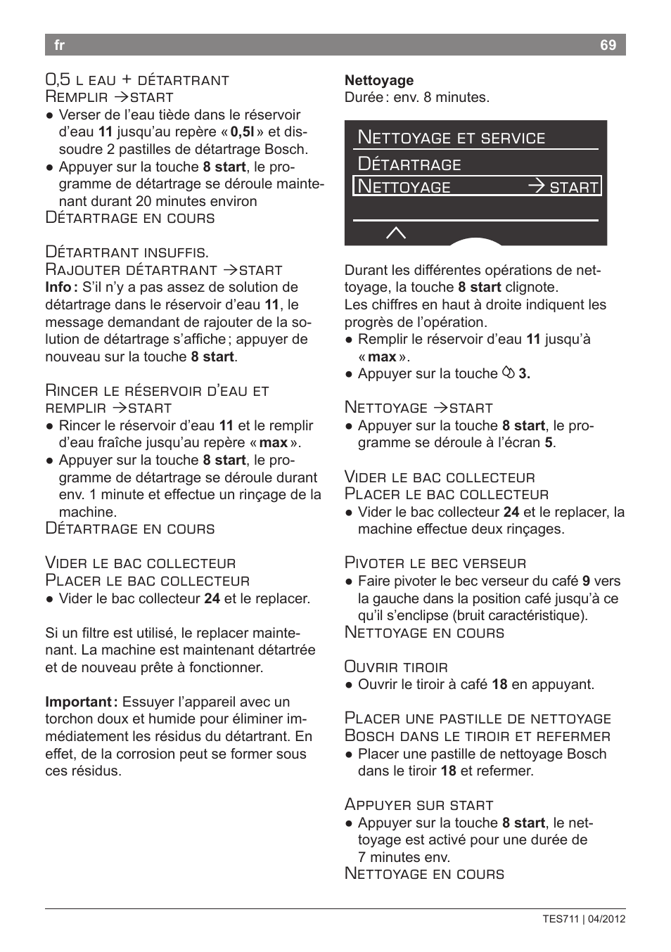 Nettoyage et service détartrage nettoyage start, 0,5 l eau + détartrant remplir, Start | Rincer le réservoir d’eau et remplir, Nettoyage, Vider le bac collecteur placer le bac collecteur, Pivoter le bec verseur, Nettoyage en cours ouvrir tiroir, Appuyer sur start, Nettoyage en cours | Bosch TES71151DE VeroBar AromaPro 100 Espresso-Kaffeevollautomat silber User Manual | Page 69 / 104