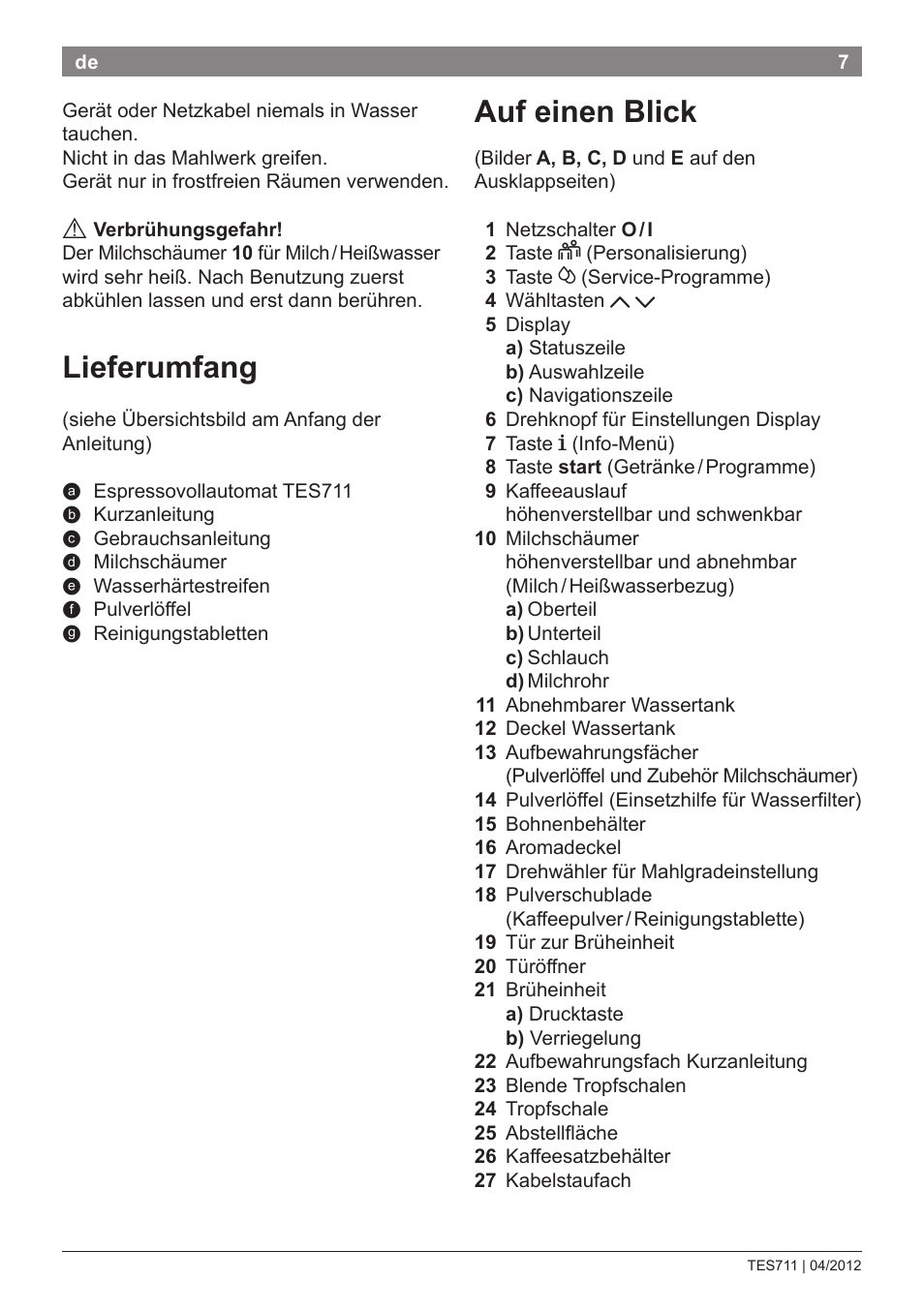 Lieferumfang, Auf einen blick | Bosch TES71151DE VeroBar AromaPro 100 Espresso-Kaffeevollautomat silber User Manual | Page 7 / 104