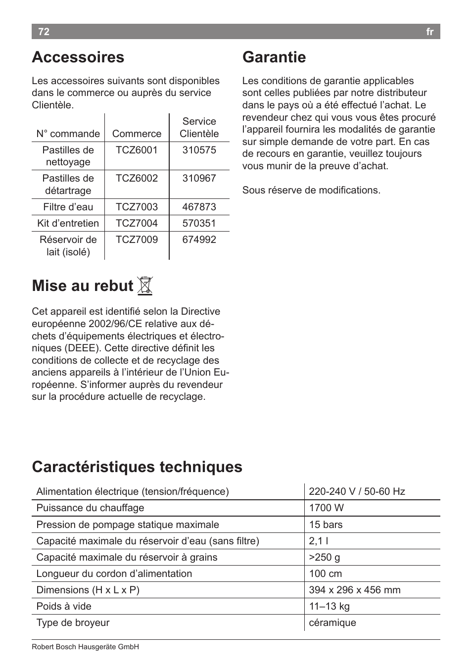 Accessoires, Mise au rebut, Garantie | Caractéristiques techniques | Bosch TES71151DE VeroBar AromaPro 100 Espresso-Kaffeevollautomat silber User Manual | Page 72 / 104