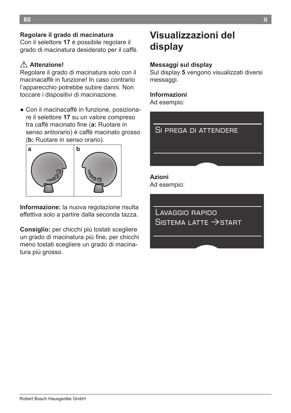 Visualizzazioni del display, Si prega di attendere, Lavaggio rapido sistema latte | Start | Bosch TES71151DE VeroBar AromaPro 100 Espresso-Kaffeevollautomat silber User Manual | Page 80 / 104
