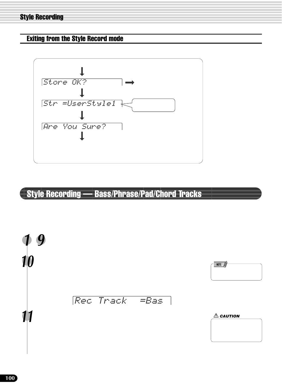 Style recording — bass/phrase/pad/chord tracks, Style recording, Bass/phrase/pad/chord tracks | Rec track =bas | Yamaha PSR-540 User Manual | Page 100 / 160