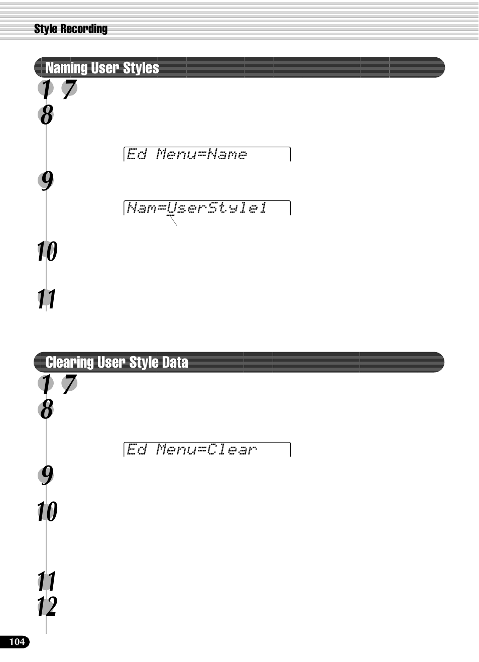 Naming user styles, Clearing user style data, Naming user styles clearing user style data | Yamaha PSR-540 User Manual | Page 104 / 160