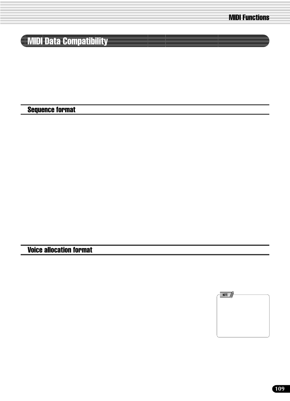 Midi data compatibility, Midi functions, Sequence format | Voice allocation format | Yamaha PSR-540 User Manual | Page 109 / 160