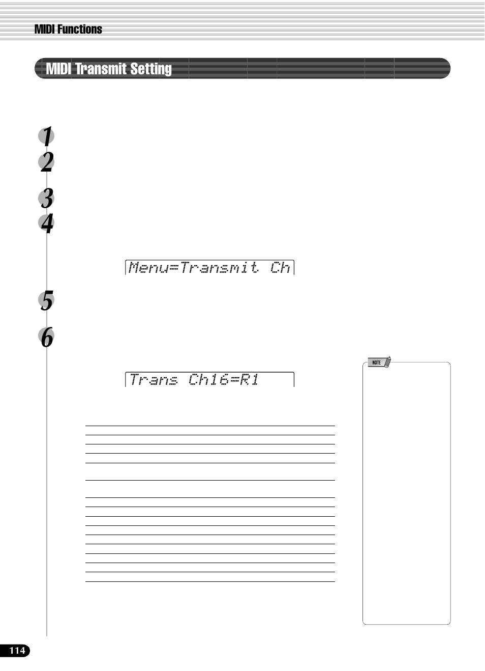 Midi transmit setting, Menu=transmit ch trans ch16=r1, Midi functions | Yamaha PSR-540 User Manual | Page 114 / 160