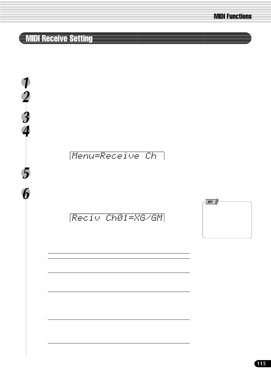 Midi receive setting, Menu=receive ch reciv ch01=xg/gm | Yamaha PSR-540 User Manual | Page 115 / 160