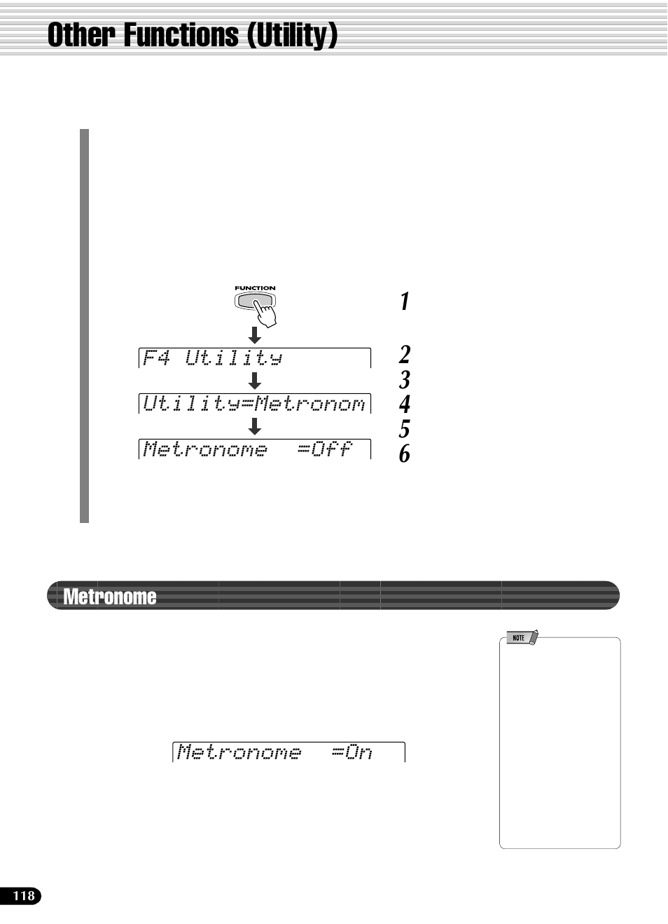 Other functions (utility), Metronome | Yamaha PSR-540 User Manual | Page 118 / 160