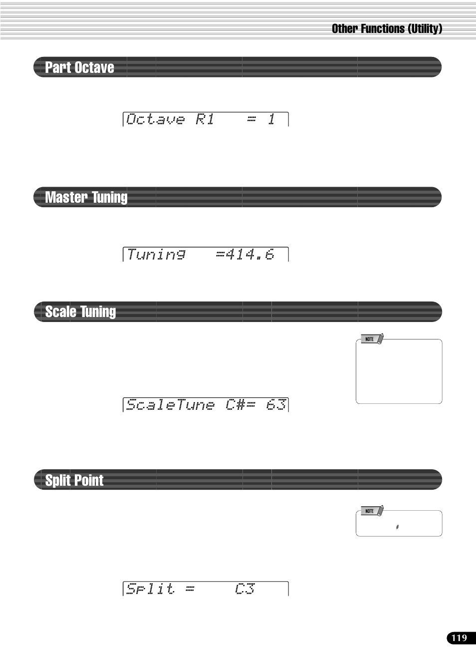 Part octave, Master tuning, Scale tuning | Split point, Part octave master tuning scale tuning split point, Other functions (utility) | Yamaha PSR-540 User Manual | Page 119 / 160
