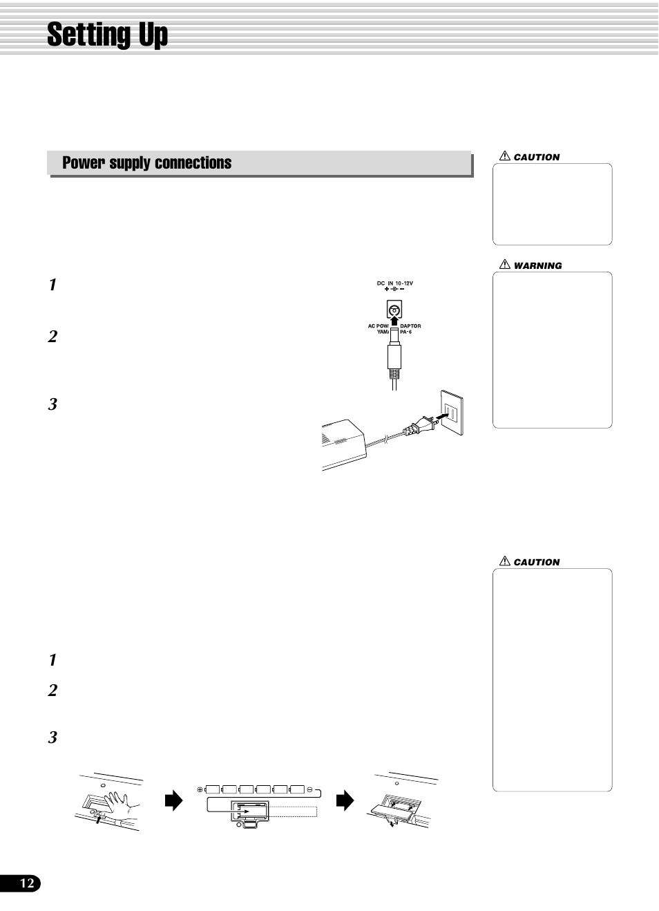 Setting up, Power supply connections | Yamaha PSR-540 User Manual | Page 12 / 160