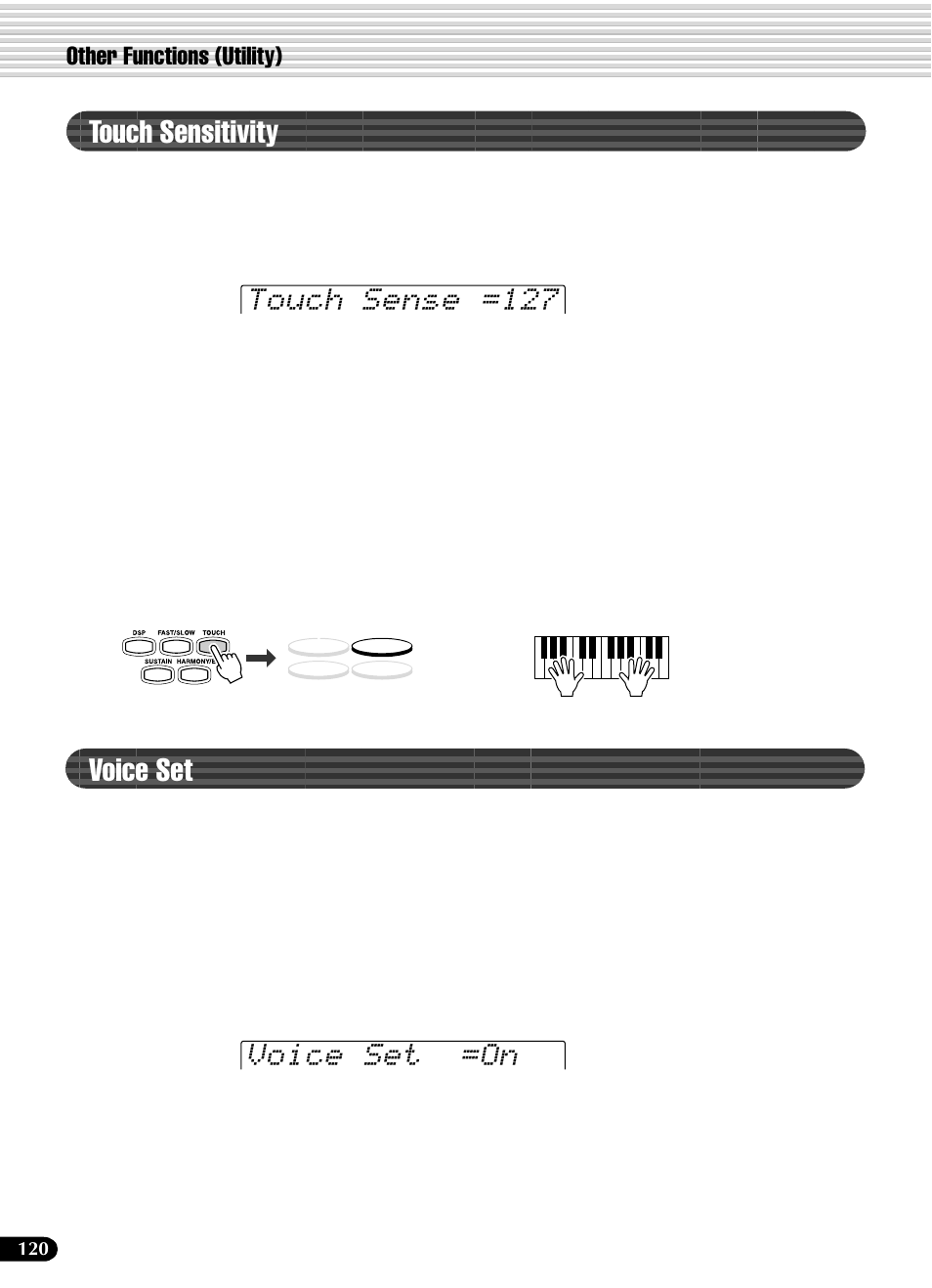 Touch sensitivity, Voice set, Touch sensitivity voice set | Voice set =on touch sense =127, Other functions (utility) | Yamaha PSR-540 User Manual | Page 120 / 160