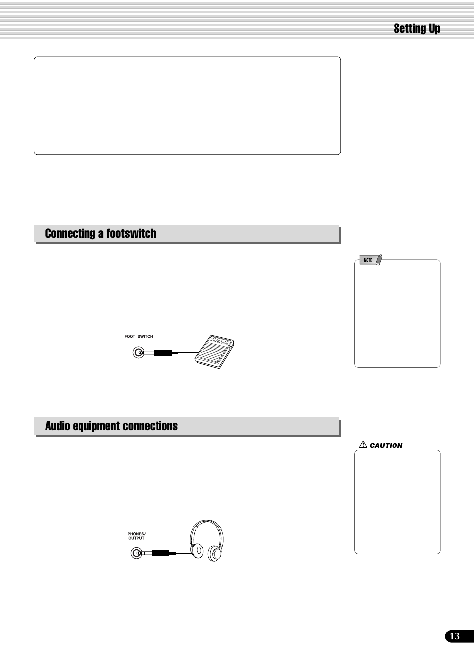 Connecting a footswitch, Audio equipment connections, Setting up | Foot switch jack, Phones/output jack | Yamaha PSR-540 User Manual | Page 13 / 160