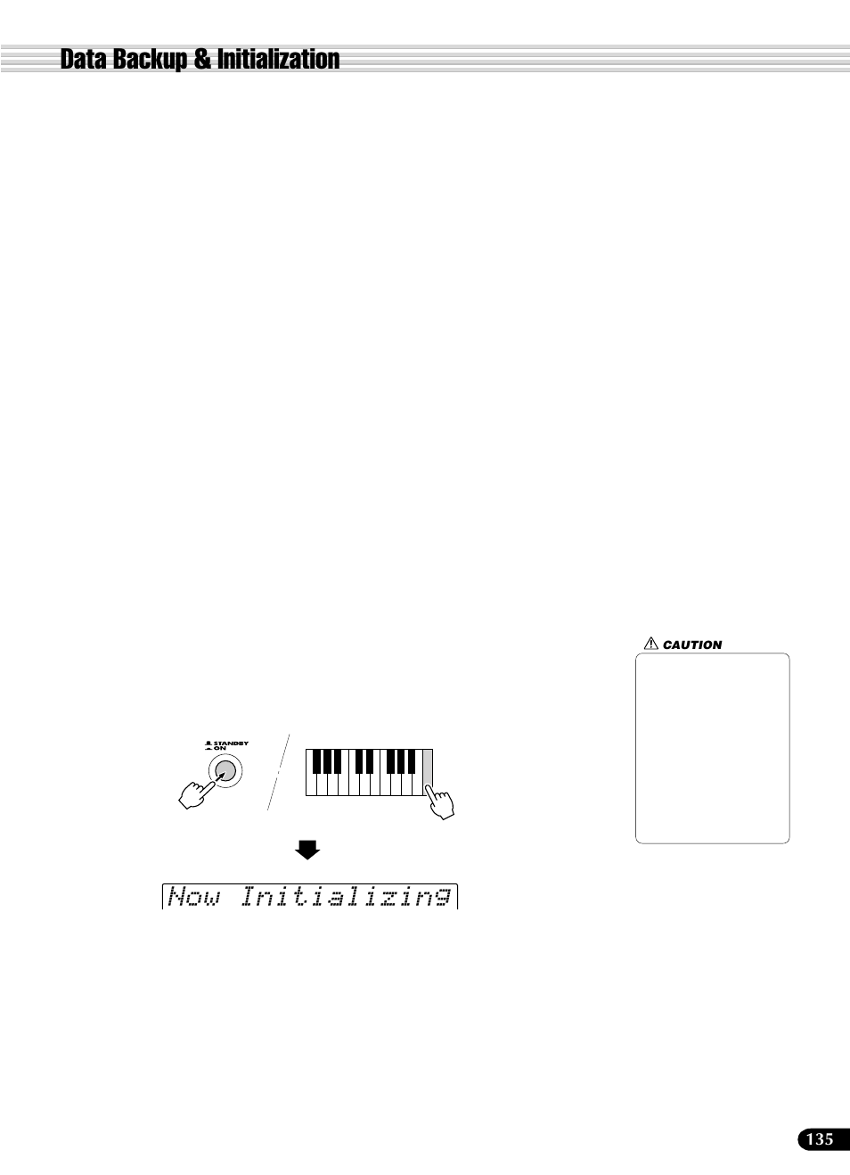 Data backup & initialization, Now initializing | Yamaha PSR-540 User Manual | Page 135 / 160