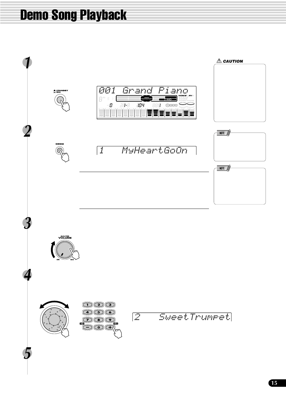 Demo song playback, 001 grand piano, 1myheartgoon 2 sweettrumpet | Press the [demo] button to start demo playback, Skip to the beginning of a different demo song | Yamaha PSR-540 User Manual | Page 15 / 160