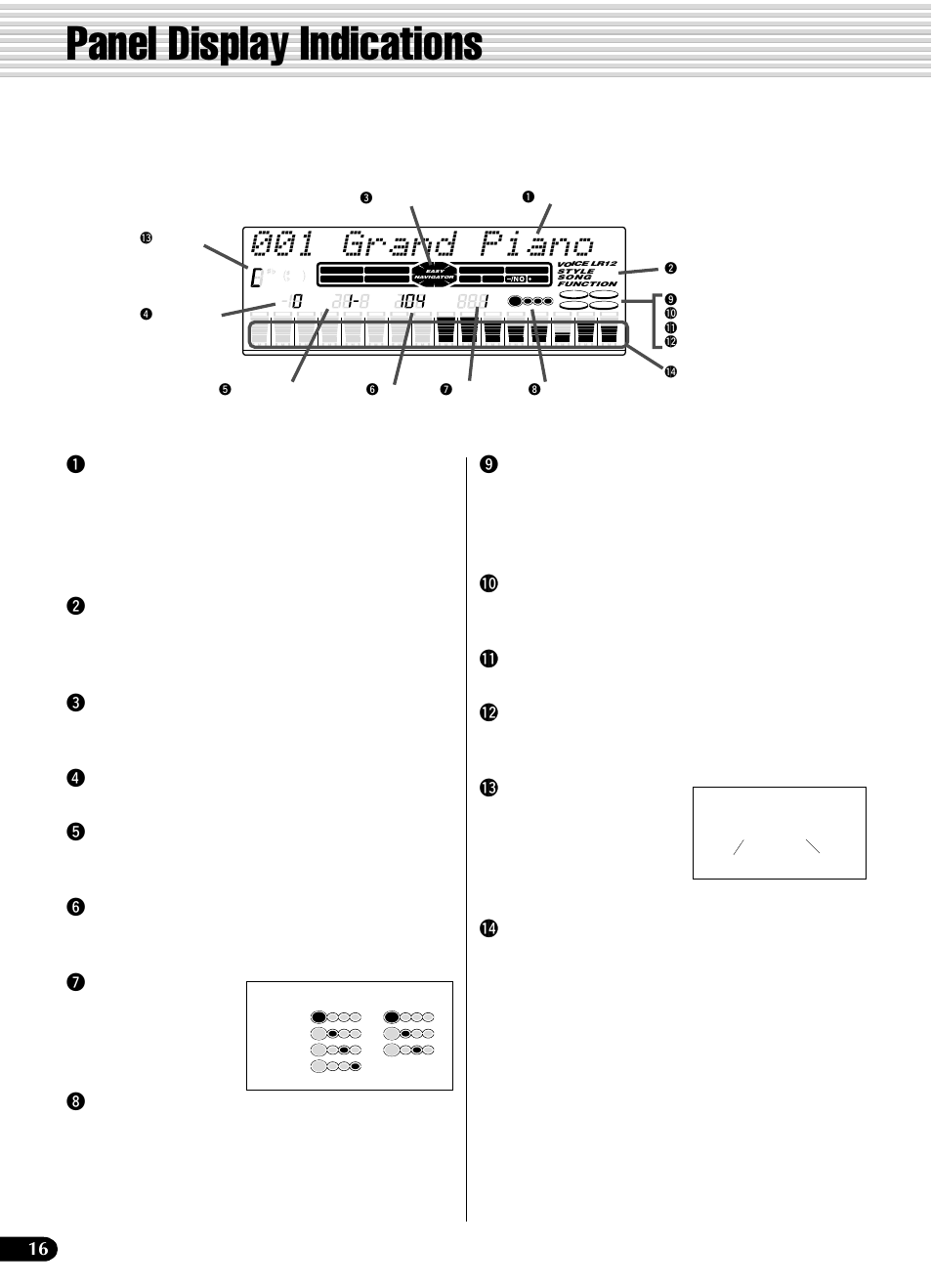 Panel display indications, 001 grand piano, Qmenu/message display | Wmenu indication, Eeasy navigator, Rtranspose, Tregistration bank-number, Ytempo, Umeasure, Ibeat indicators | Yamaha PSR-540 User Manual | Page 16 / 160