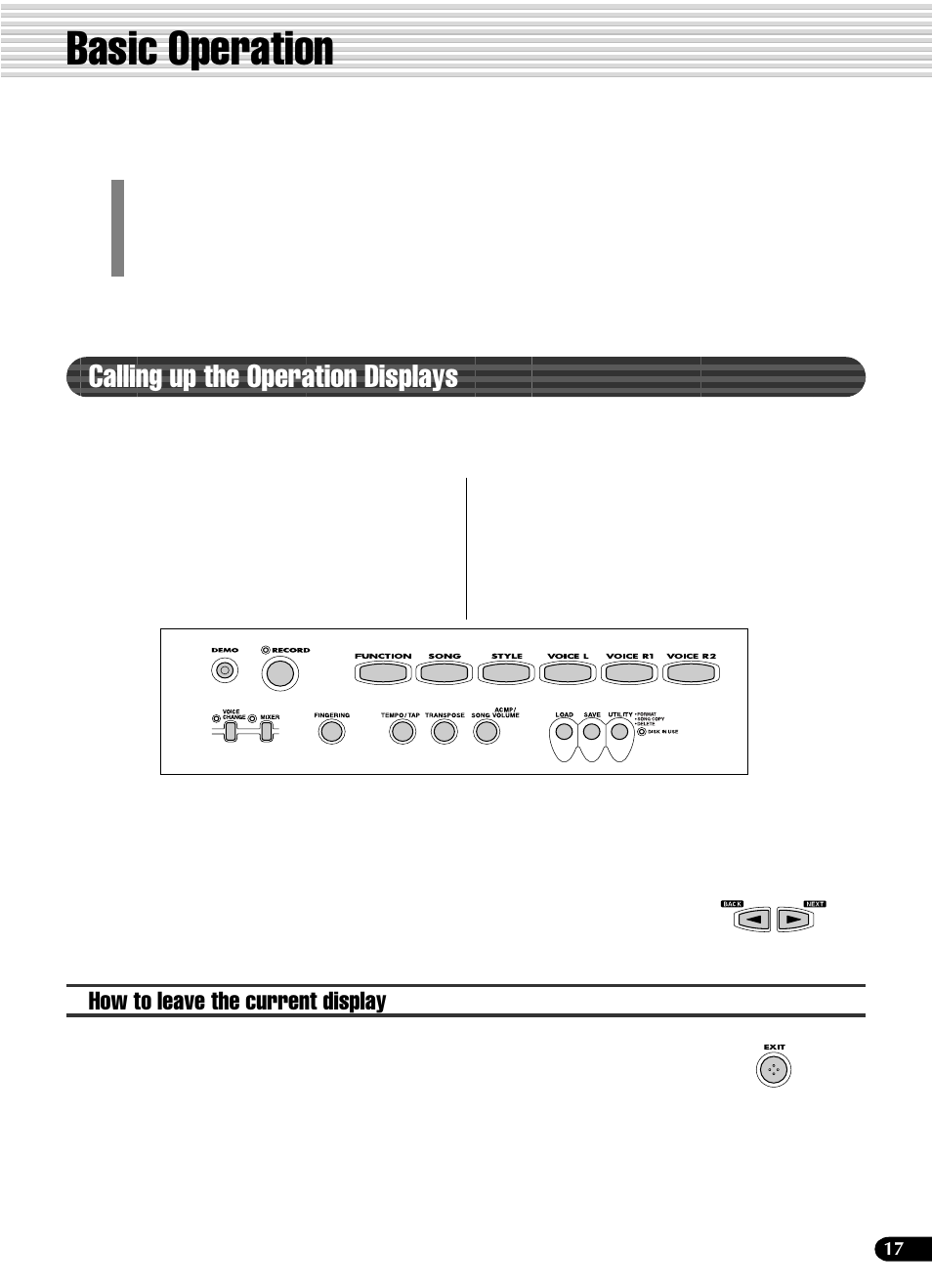 Basic operation, Calling up the operation displays, How to leave the current display | Yamaha PSR-540 User Manual | Page 17 / 160