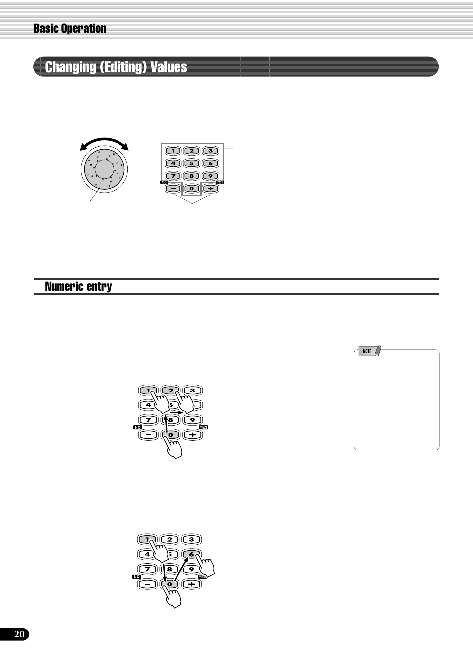 Changing (editing) values, Numeric entry, Basic operation | Yamaha PSR-540 User Manual | Page 20 / 160