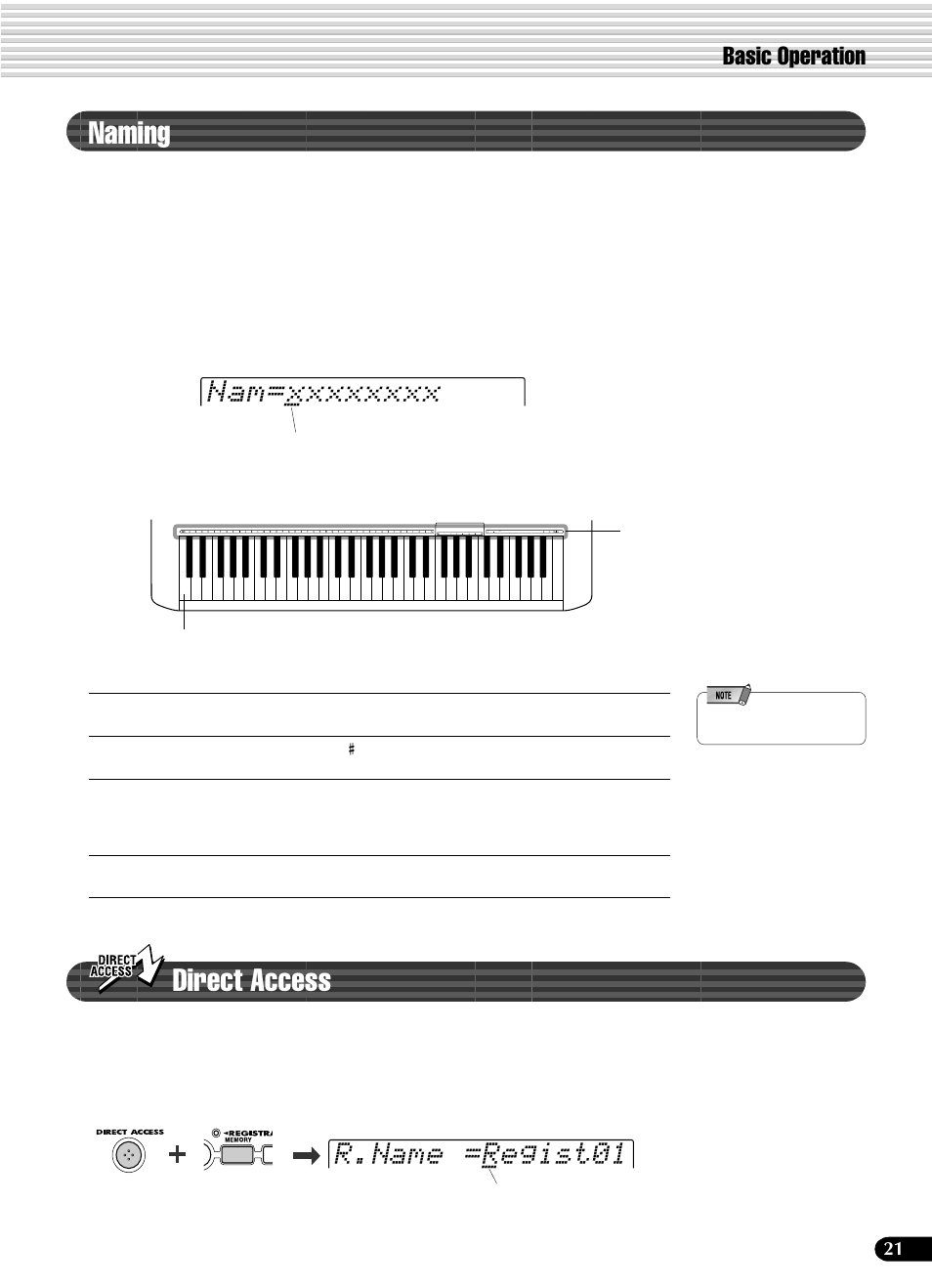 Naming, Direct access, Naming direct access | R.name =regist01, Basic operation | Yamaha PSR-540 User Manual | Page 21 / 160