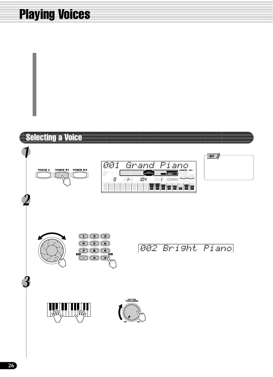 Playing voices, Selecting a voice, 001 grand piano | 002 bright piano, Press the [voice r1] button, Select a voice, Play the keyboard and adjust the volume | Yamaha PSR-540 User Manual | Page 26 / 160