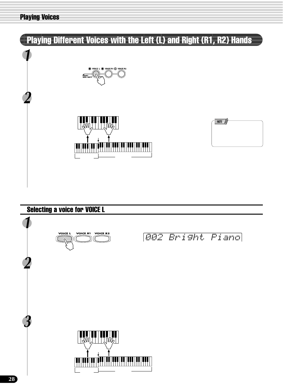 Playing different voices with, The left (l) and right (r1, r2) hands, 002 bright piano | Yamaha PSR-540 User Manual | Page 28 / 160