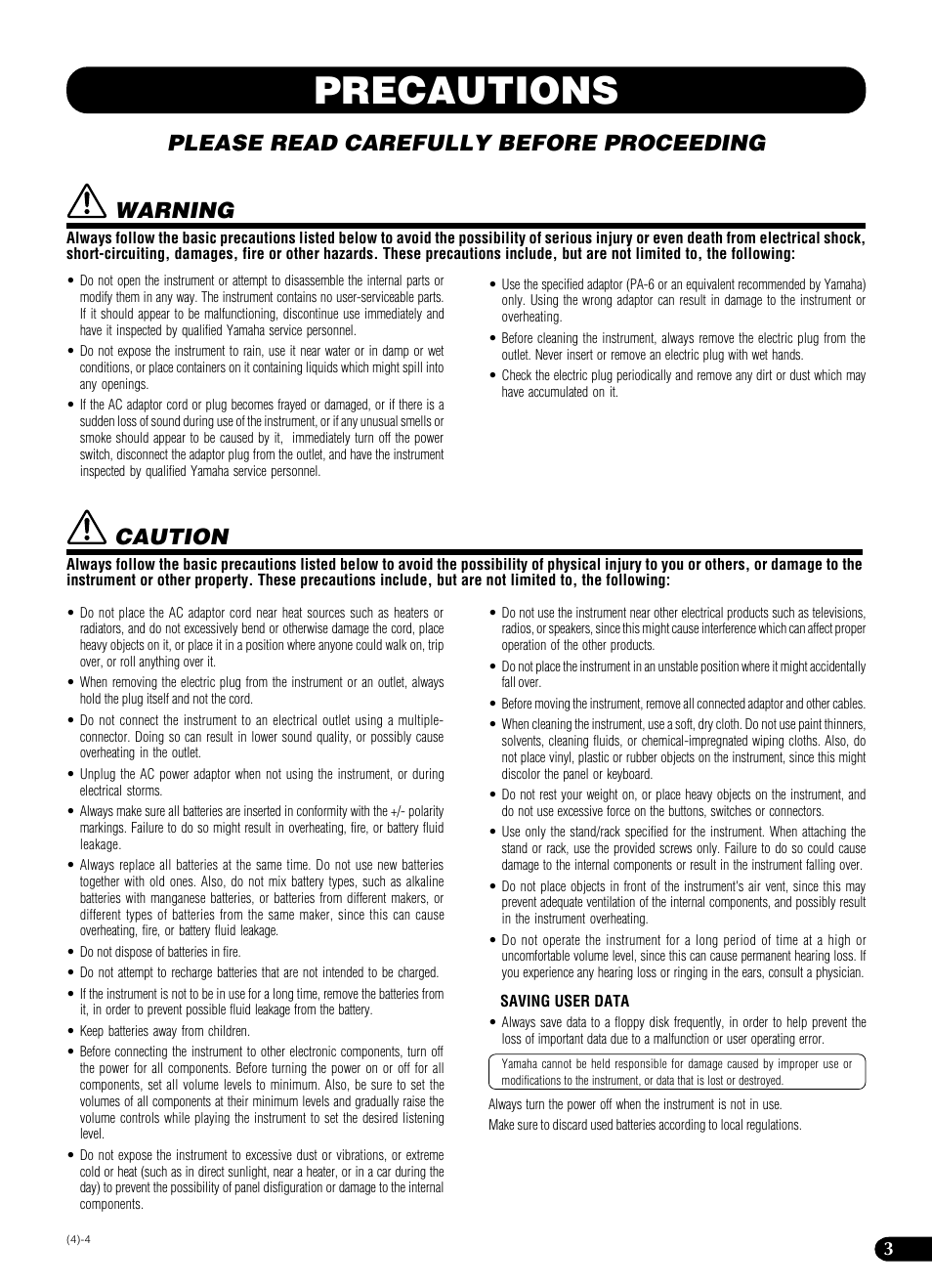 Precautions, Please read carefully before proceeding, Caution | Warning | Yamaha PSR-540 User Manual | Page 3 / 160